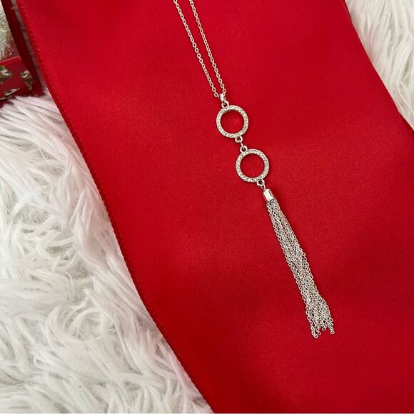 Silver long chain necklace 24” circle hoops rhinestones  tassel NEW - Picture 6 of 8